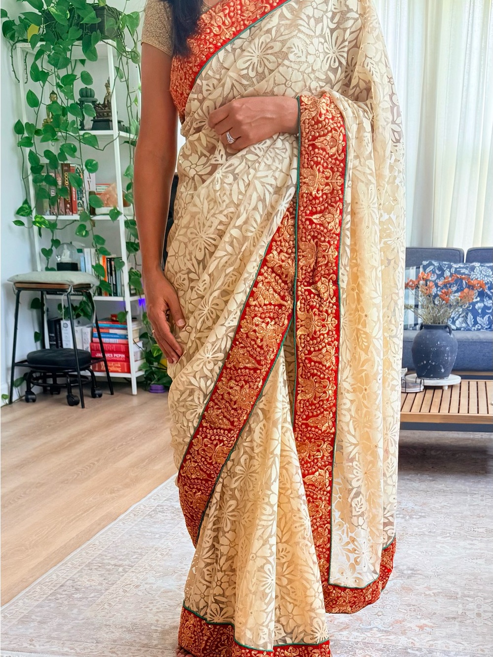 Cream Lace Saree with Red & Gold Embroidered Border